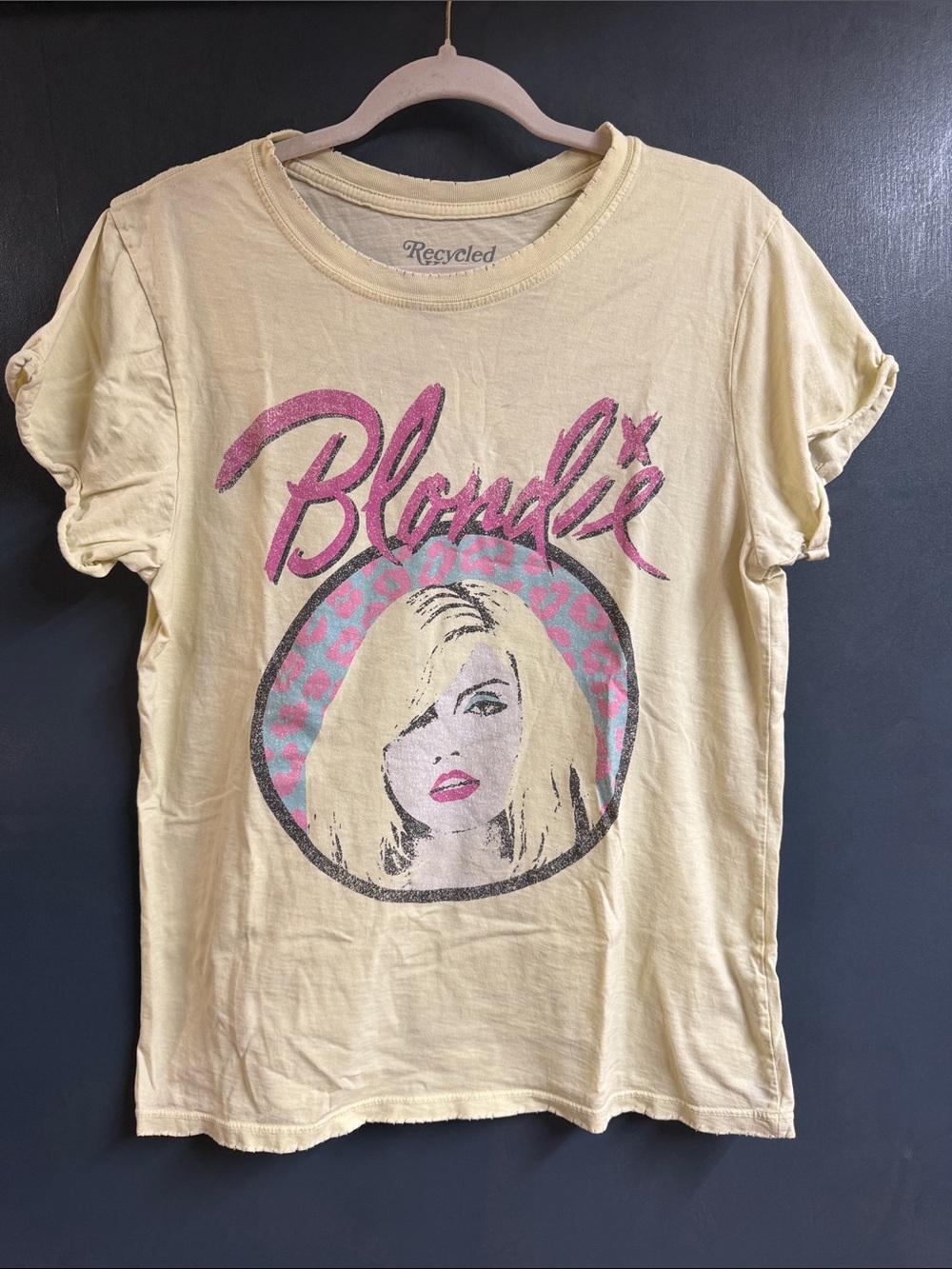 Recycled Karma Pale Yellow Blondie Graphic Tee with Pink & Blue Accents